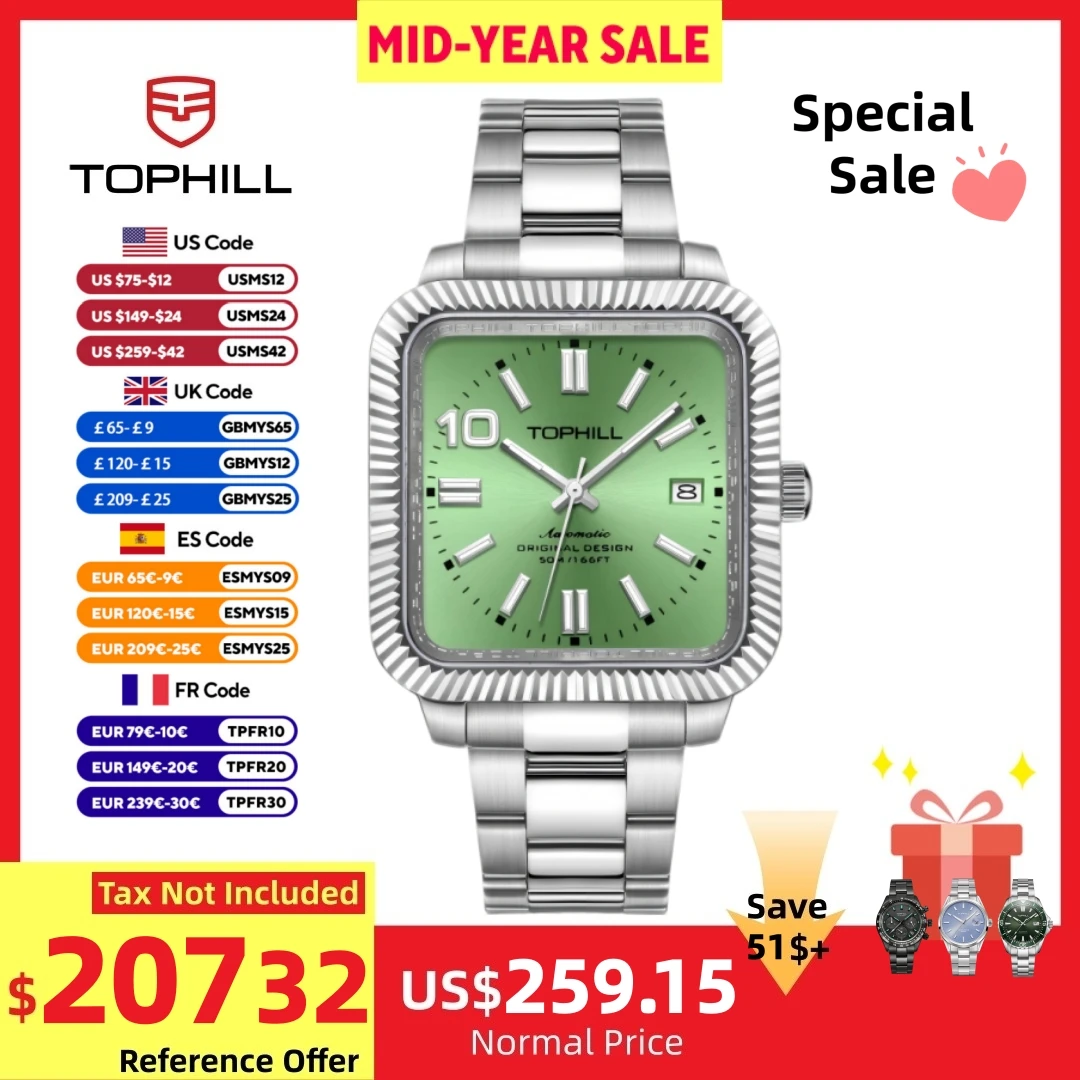 TOPHILL 37.5/35mm Ultra-Thin Miyota 9019 Square Automatic Mechanical Watch Men Women Wristwatch Sapphire 5ATM DS-1 Lume TA056G/L
TOPHILL 37.5/35mm Ultra-Thin Miyota 9019 Square Automatic Mechanical Watch Men Women Wristwatch Sapphire 5ATM DS-1 Lume TA056G/L
