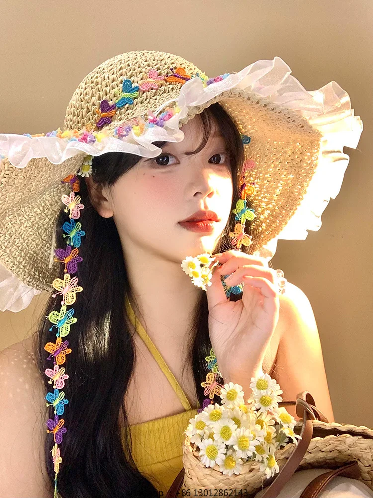 Соломенная шляпа с разноцветными бабочками и кружевными краями, солнцезащитная шляпа с большими полями и солнцезащитным кремом
Соломенная шляпа с разноцветными бабочками и кружевными краями, солнцезащитная шляпа с большими полями и солнцезащитным кремом