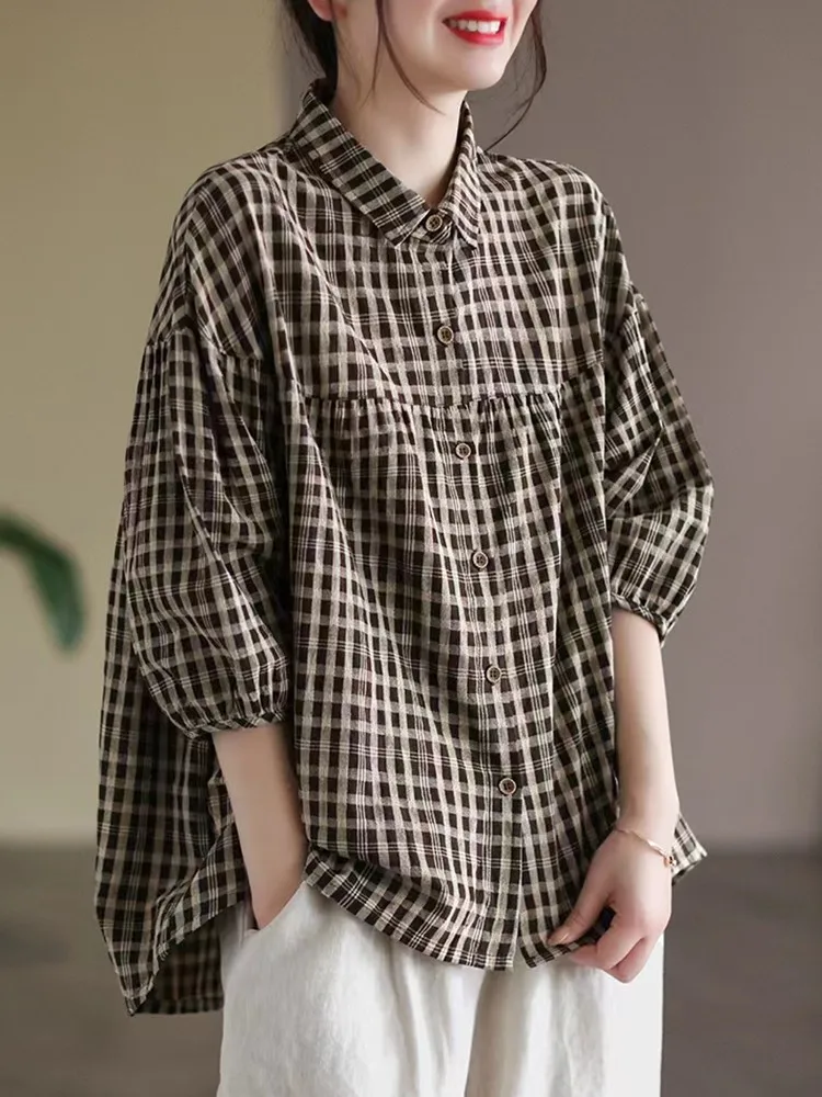Новое поступление 2025 года, винтажный стиль, клетчатый узор, свободные женские хлопковые льняные топы с коротким рукавом, рубашка B2441, женские летние повседневные рубашки 
Новое поступление 2025 года, винтажный стиль, клетчатый узор, свободные женские хлопковые льняные топы с коротким рукавом, рубашка B2441, женские летние повседневные рубашки