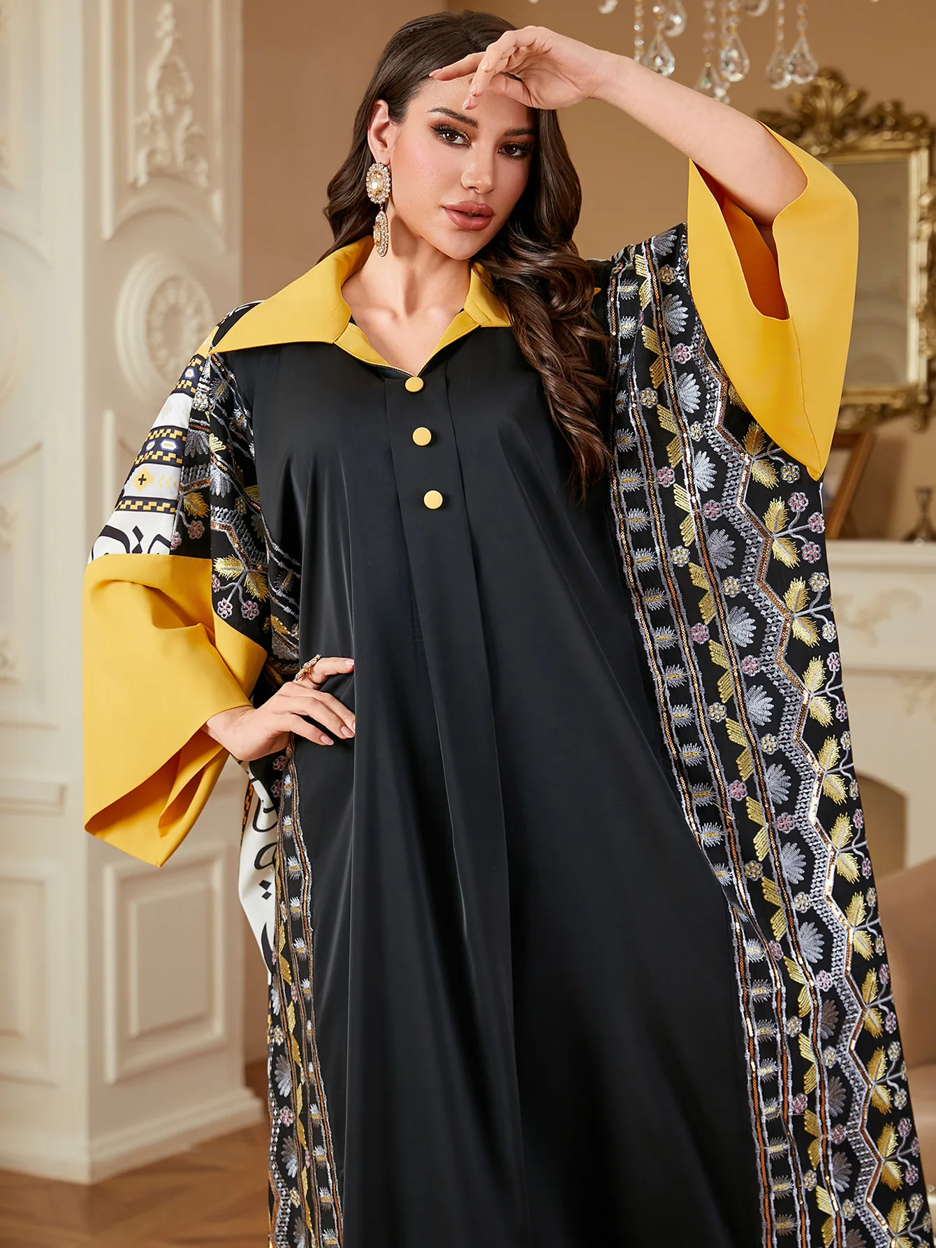 Марокканское мусульманское платье в Дубае, исламские платья с принтом Абая, женские платья с лацканами и рукавами «летучая мышь», макси-халат, кафтан Musulmane Femme Vestidos 
Марокканское мусульманское платье в Дубае, исламские платья с принтом Абая, женские платья с лацканами и рукавами «летучая мышь», макси-халат, кафтан Musulmane Femme Vestidos