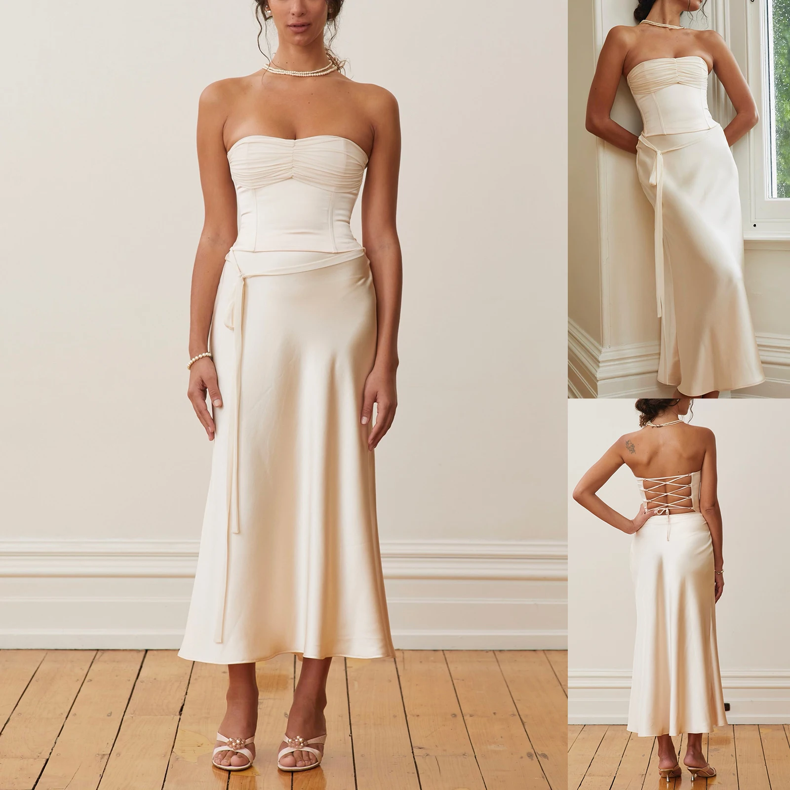 Summer Women Elegant 2Pcs Outfit Skirt Strapless Backless Tie-up Pleated Tube Top with Low Waist Long Skirt Set
Summer Women Elegant 2Pcs Outfit Skirt Strapless Backless Tie-up Pleated Tube Top with Low Waist Long Skirt Set