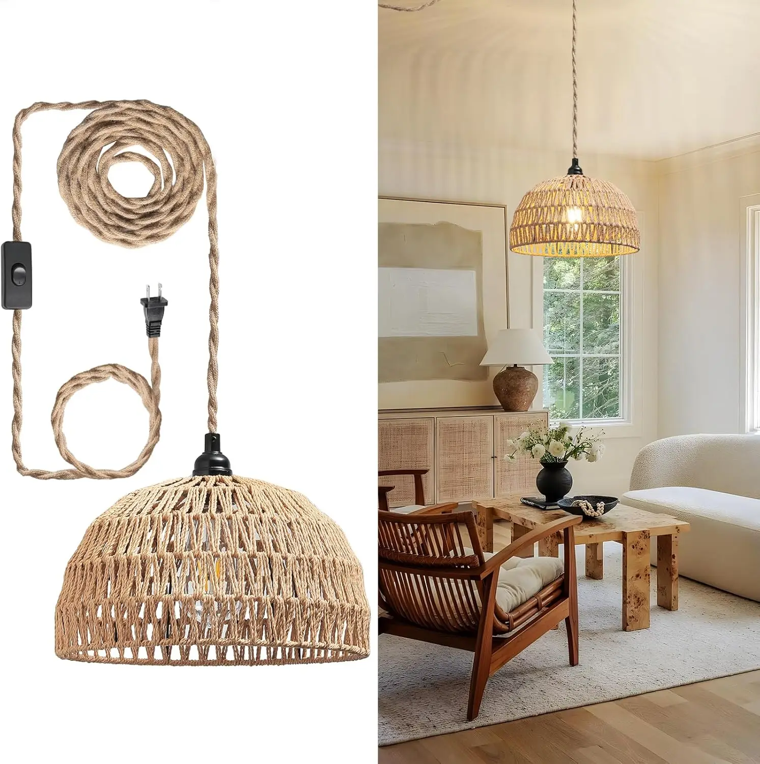 Handwoven Rattan Hanging Lamp with Plug-In Cord and On/Off Switch, Boho Pendant Light for Living Room, Dining Room, Bedroom, E26 Base, Bulb Not Included
Handwoven Rattan Hanging Lamp with Plug-In Cord and On/Off Switch, Boho Pendant Light for Living Room, Dining Room, Bedroom, E26 Base, Bulb Not Included