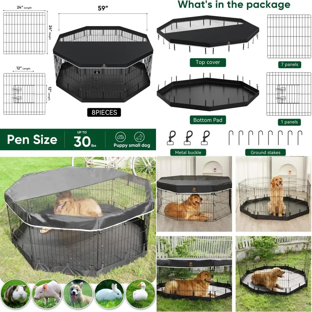 Collapsible 8-Panel 24H Dog Playpen with Bottom Pad and Top Cover, Ideal for Indoor Use and Small Animals, Black
Collapsible 8-Panel 24H Dog Playpen with Bottom Pad and Top Cover, Ideal for Indoor Use and Small Animals, Black