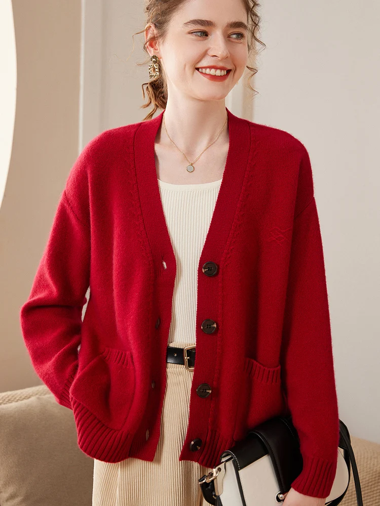 High Quality Autumn Winter Loose 100% Cashmere Sweater Women Pocket V-Neck Cardigan Knitwear Pure Color Tops Clothing Coat
High Quality Autumn Winter Loose 100% Cashmere Sweater Women Pocket V-Neck Cardigan Knitwear Pure Color Tops Clothing Coat