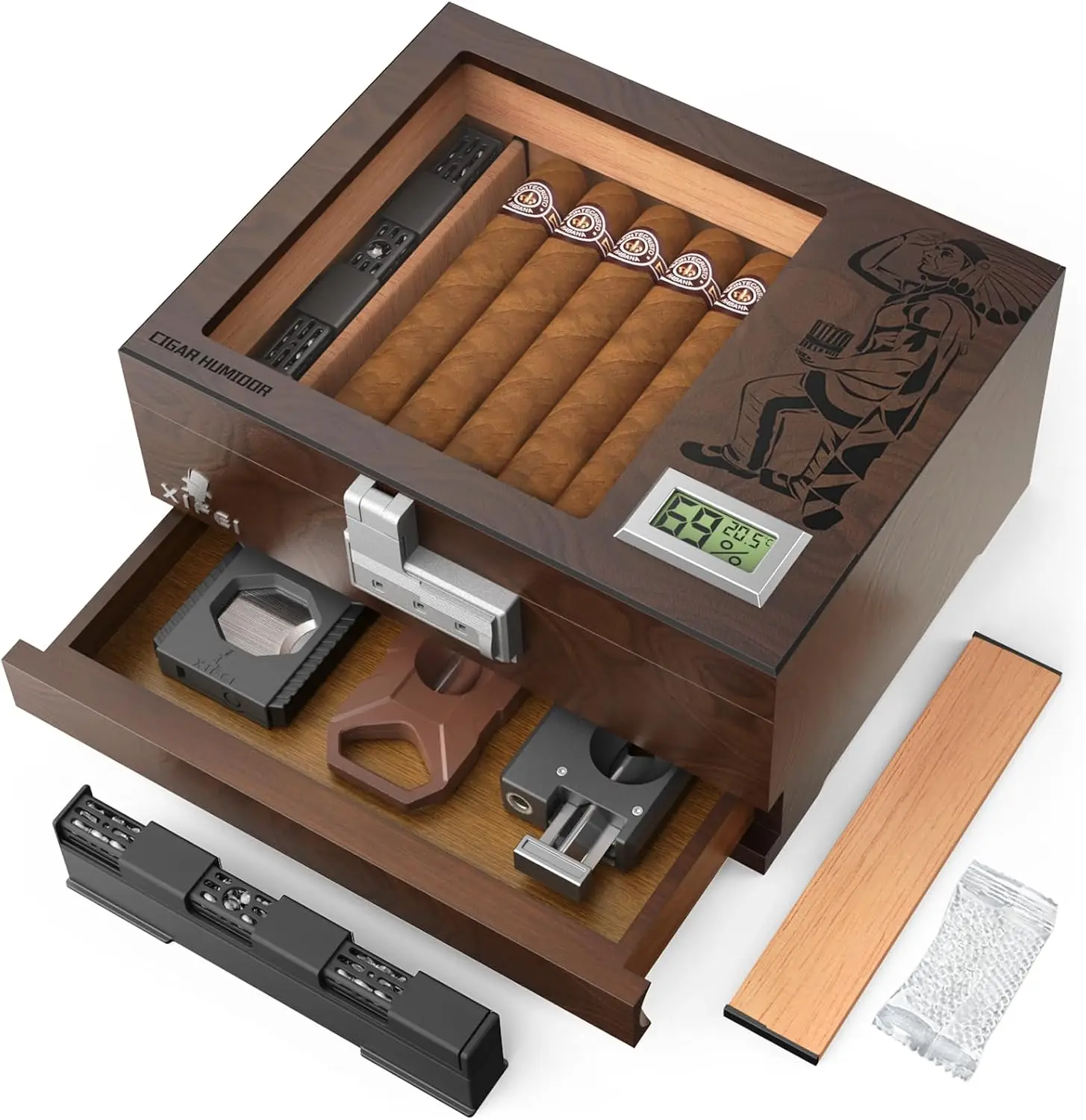 Cedar Wood Cigar Humidor with Glass Top, Digital Hygrometer, Humidifier, Drawer & Lock, Holds 20-30 Cigars, Gift for Men
Cedar Wood Cigar Humidor with Glass Top, Digital Hygrometer, Humidifier, Drawer & Lock, Holds 20-30 Cigars, Gift for Men