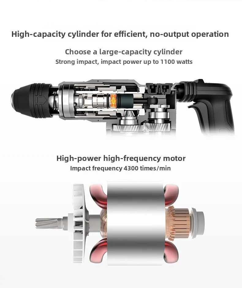 Electric hammer, electric pick, impact drill, high power clutch protection, multi-function
Electric hammer, electric pick, impact drill, high power clutch protection, multi-function