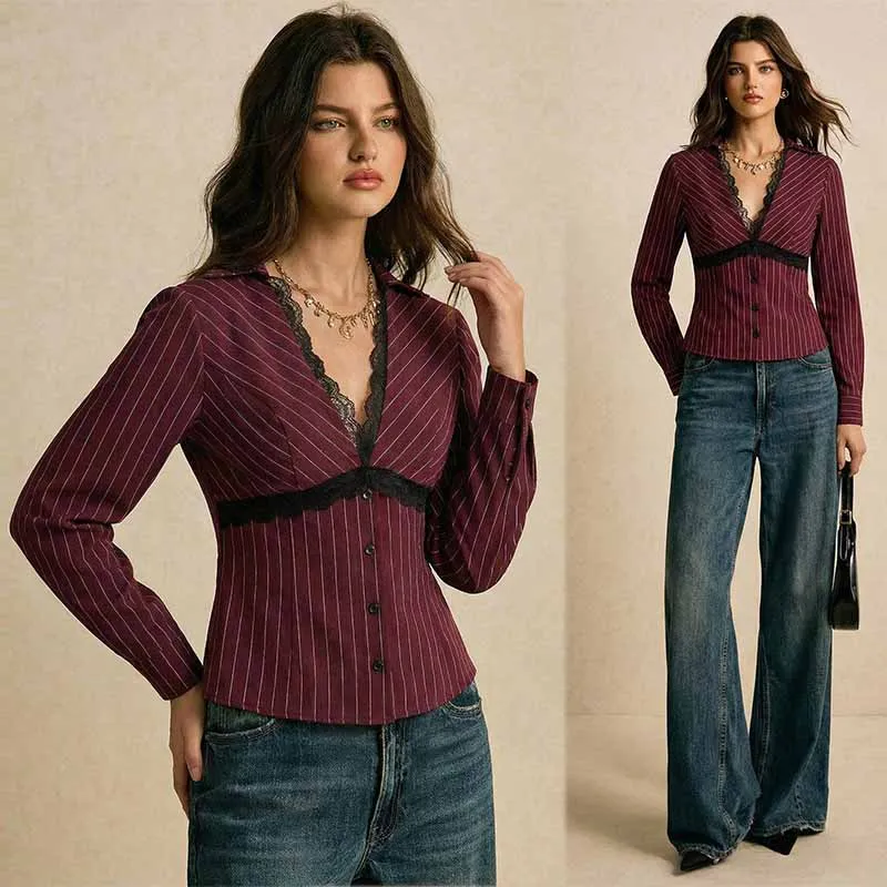Burgundy Stripe Lace Trim Elegant Shirt Fashion Long Sleeve V-Neck Blouse Button Casual Top Summer New Office Clothing
Burgundy Stripe Lace Trim Elegant Shirt Fashion Long Sleeve V-Neck Blouse Button Casual Top Summer New Office Clothing