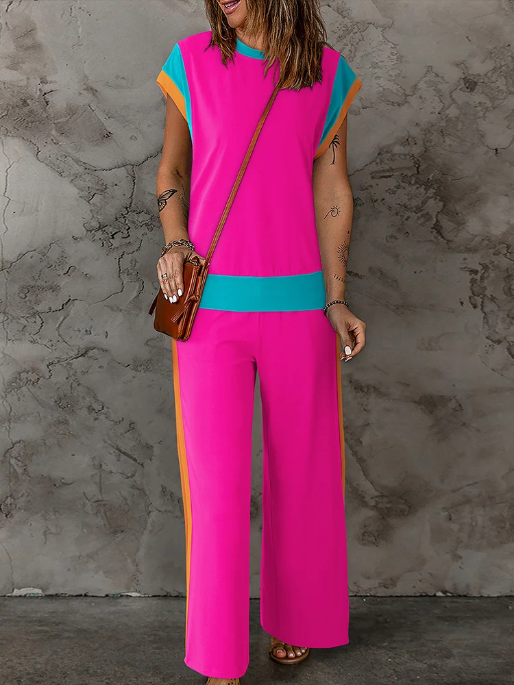 Short Sleeve Loose Patchwork Matching Sets, Women Spring Summer Loungewear O-Neck 2PCS Outfit, Elastic Waist Simple Ladies Suits
Short Sleeve Loose Patchwork Matching Sets, Women Spring Summer Loungewear O-Neck 2PCS Outfit, Elastic Waist Simple Ladies Suits