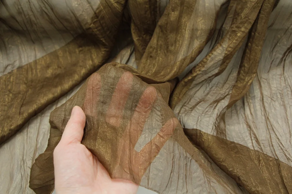 Irregular Pleated Caramel Brown Vertical Stripe Texture Gold Spray Coated Chiffon Fabric Design Sensation Home Fabric Sponge Pad
Irregular Pleated Caramel Brown Vertical Stripe Texture Gold Spray Coated Chiffon Fabric Design Sensation Home Fabric Sponge Pad