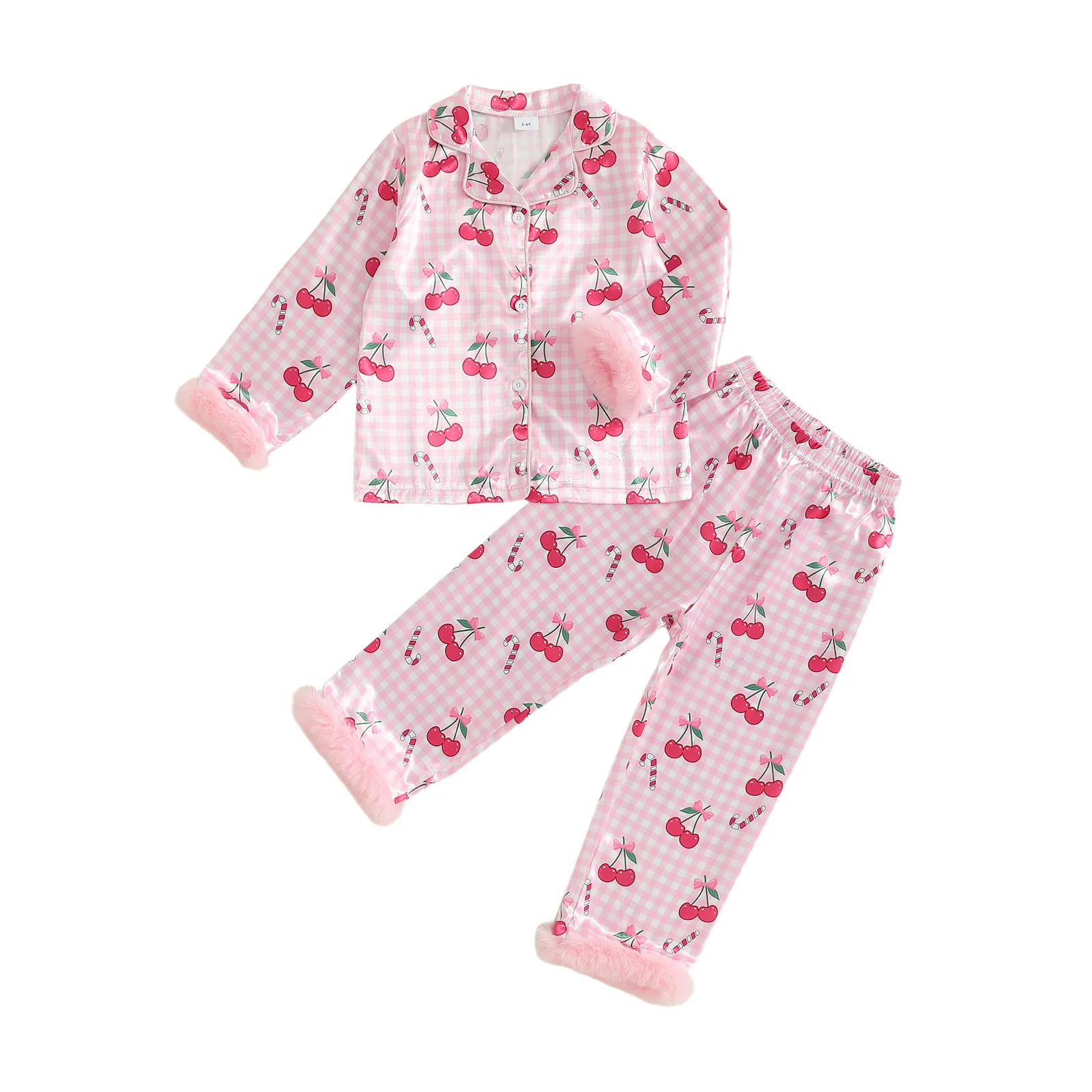 Рождественский пижамный комплект для девочек, топ и брюки с длинными рукавами и меховыми манжетами с вишневым принтом, комплект одежды для сна
Рождественский пижамный комплект для девочек, топ и брюки с длинными рукавами и меховыми манжетами с вишневым принтом, комплект одежды для сна