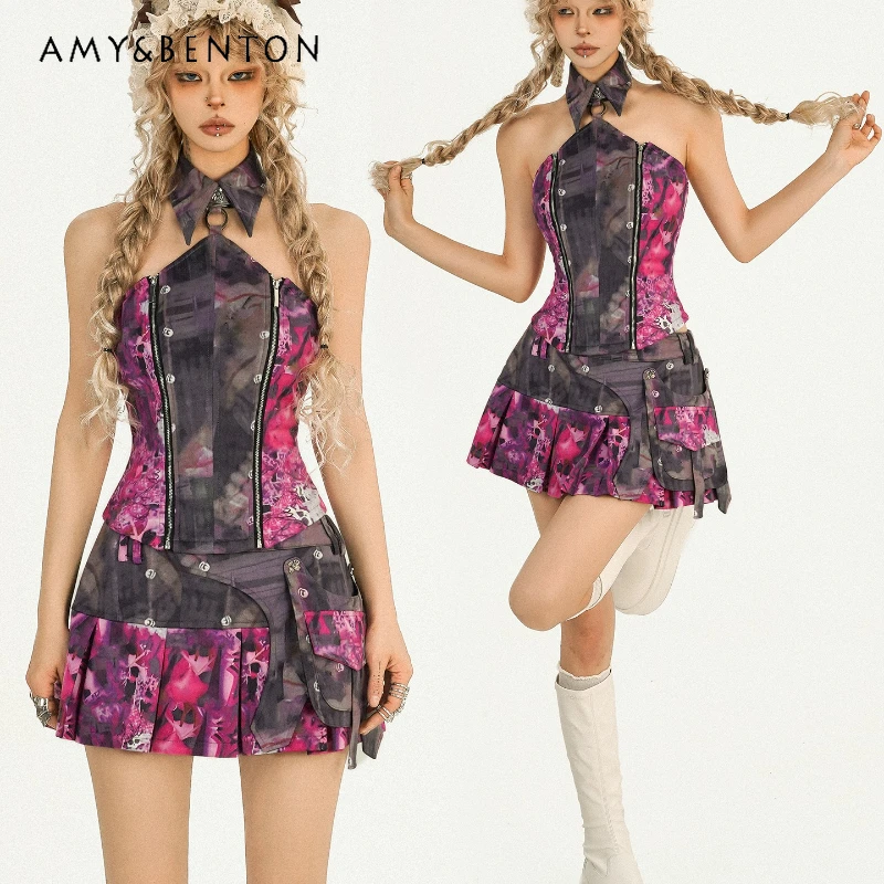Original Design Sweet Cool Hot Girl Floral Halter Women's Sling Autumn New Double Zipper Sweet Cool Punk Short Skirt Set Ladies
Original Design Sweet Cool Hot Girl Floral Halter Women's Sling Autumn New Double Zipper Sweet Cool Punk Short Skirt Set Ladies
