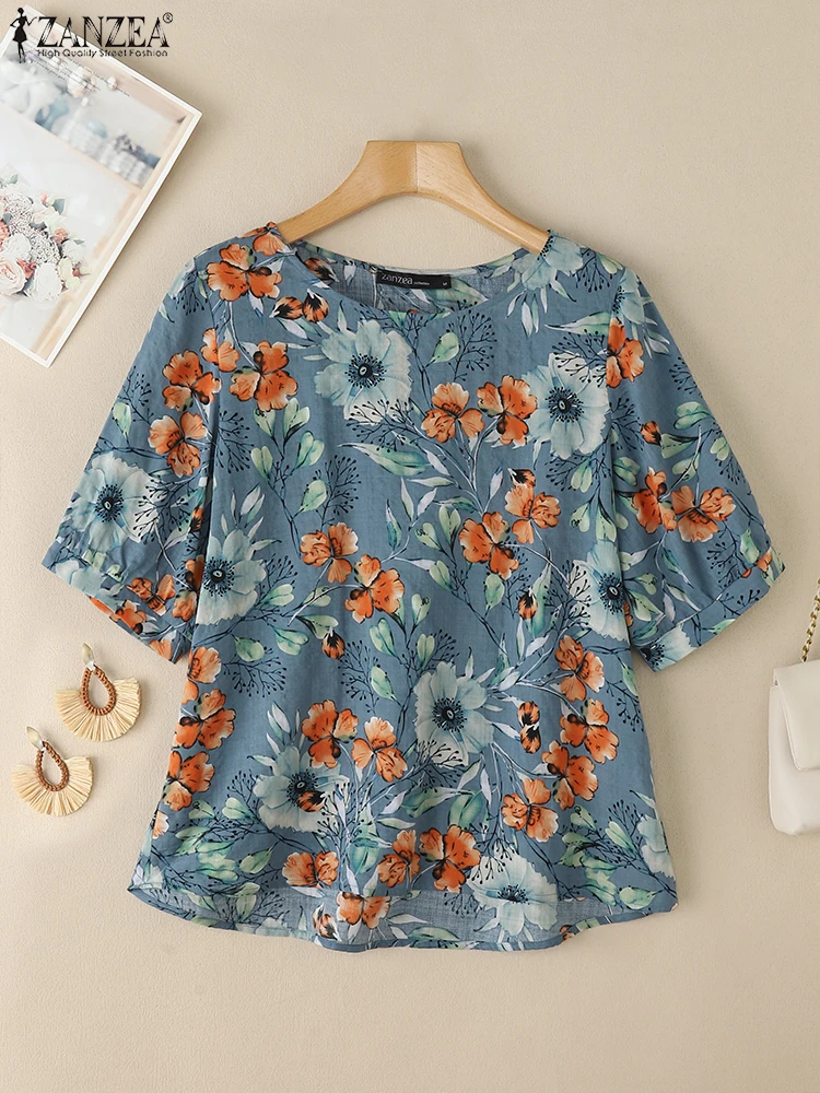 Винтажная блузка с цветочным принтом ZANZEA, летние женские топы, богемная стильная праздничная рубашка, повседневная блузка с круглым вырезом и коротким рукавом, большие размеры 
Винтажная блузка с цветочным принтом ZANZEA, летние женские топы, богемная стильная праздничная рубашка, повседневная блузка с круглым вырезом и коротким рукавом, большие размеры