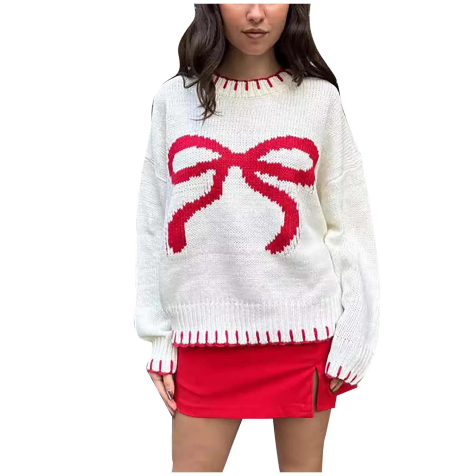 2024 Women's Red Bow Knitted Pullover Sweater Round Neck Long Sleeve Knitwear Elegant Sweater Top Loose Streetwear Jumpers
2024 Women's Red Bow Knitted Pullover Sweater Round Neck Long Sleeve Knitwear Elegant Sweater Top Loose Streetwear Jumpers