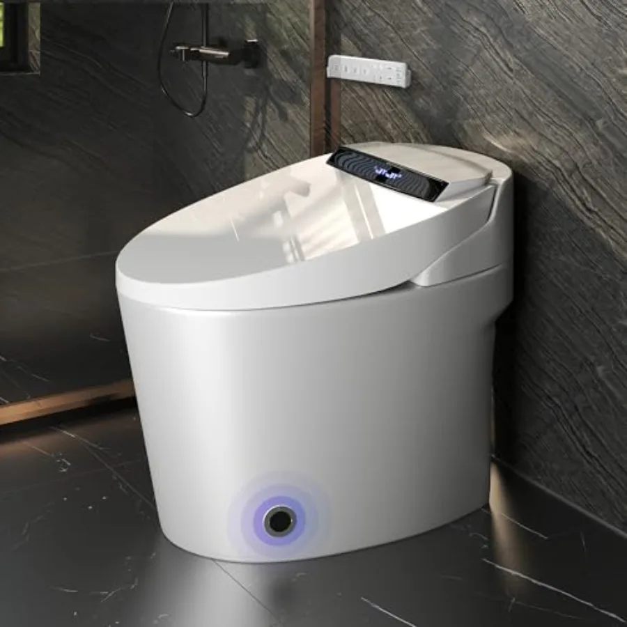 Smart toilet for modern bathrooms, ceramic white with heated seat, foot sensor flushing and LED display
Smart toilet for modern bathrooms, ceramic white with heated seat, foot sensor flushing and LED display