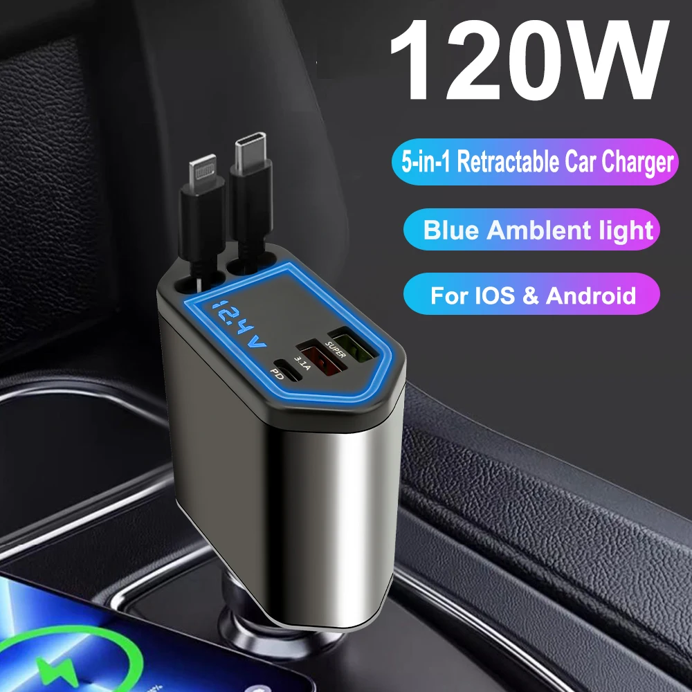120W 5 In 1 Retractable Car Charger USB C Cable 3 Ports with Retractable Cords with Volt Display For IPhone Huawei Samsung
120W 5 In 1 Retractable Car Charger USB C Cable 3 Ports with Retractable Cords with Volt Display For IPhone Huawei Samsung