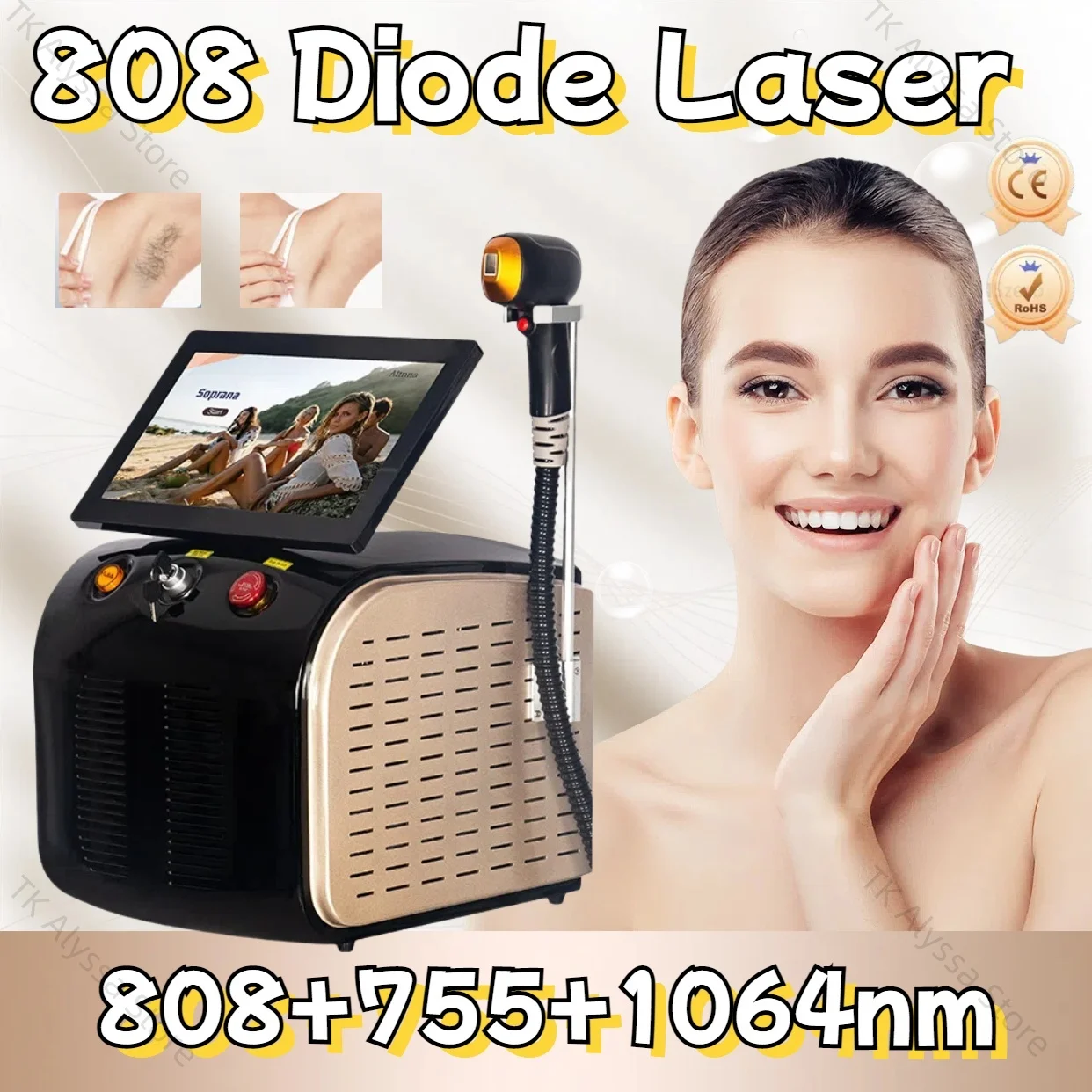 Portable 808/755/1064nm Diode Laser Hair Removal Machine Professional 3-Wavelength Permanent for Bikini Salon Home
Portable 808/755/1064nm Diode Laser Hair Removal Machine Professional 3-Wavelength Permanent for Bikini Salon Home