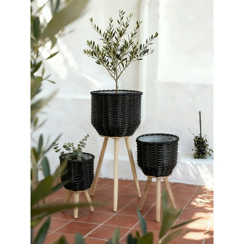 3 Black Poly Rattan Baskets with Rope Texture and Tapered Wooden Legs, Large 12x12x23.5", Medium 10x10x17.5", Small 8x8x13.5
3 Black Poly Rattan Baskets with Rope Texture and Tapered Wooden Legs, Large 12x12x23.5", Medium 10x10x17.5", Small 8x8x13.5