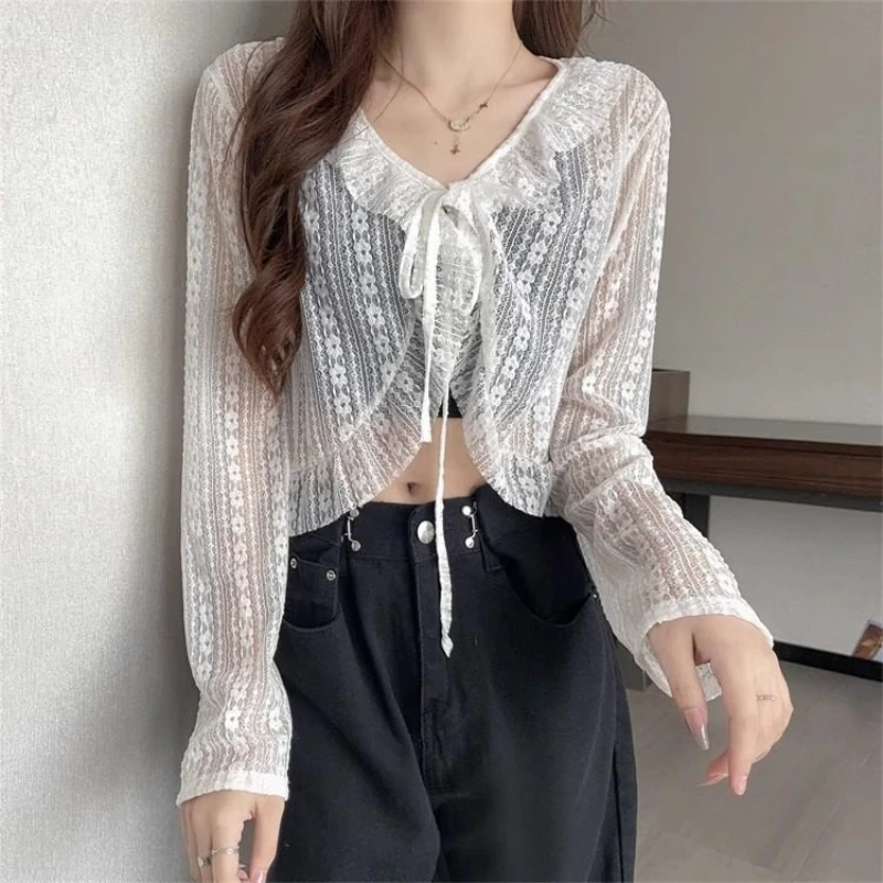 Tie Front Lace Top Women Shirts Crop Long Sleeve Ruffled Knit Cardigan Blouse Cover-up Boho Sun Protection Spring Summer 2026
Tie Front Lace Top Women Shirts Crop Long Sleeve Ruffled Knit Cardigan Blouse Cover-up Boho Sun Protection Spring Summer 2026