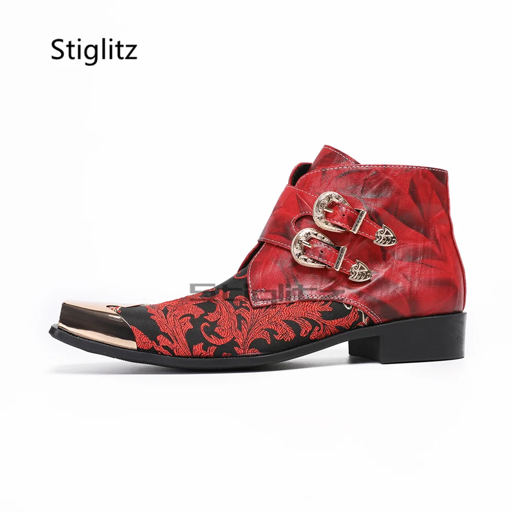 Gold Square Toe Embroidered Ankle Boots for Men Red Genuine Leather Patchwork Belt Buckle Chelsea Short Boots Male Wedding Shoes
Gold Square Toe Embroidered Ankle Boots for Men Red Genuine Leather Patchwork Belt Buckle Chelsea Short Boots Male Wedding Shoes