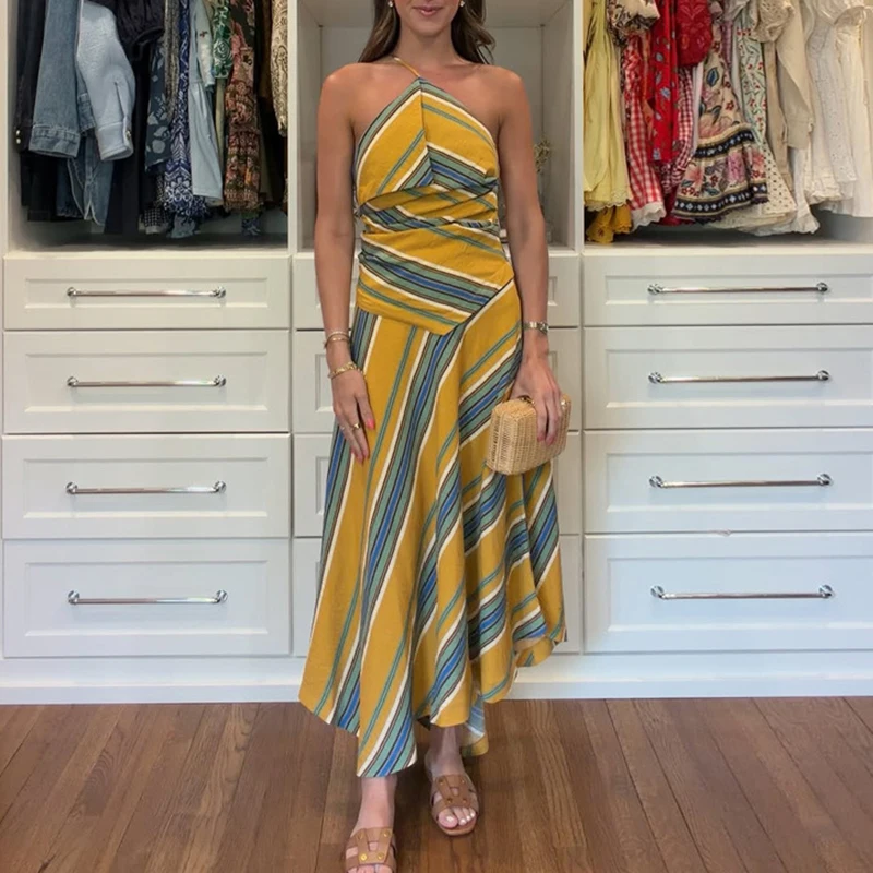 Elegant Lady High Waist Pleated Dresses Vintage Slanted Shoulder Stripe Printed Dress Summer Vacation Sleeveless Slim Maxi Dress
Elegant Lady High Waist Pleated Dresses Vintage Slanted Shoulder Stripe Printed Dress Summer Vacation Sleeveless Slim Maxi Dress