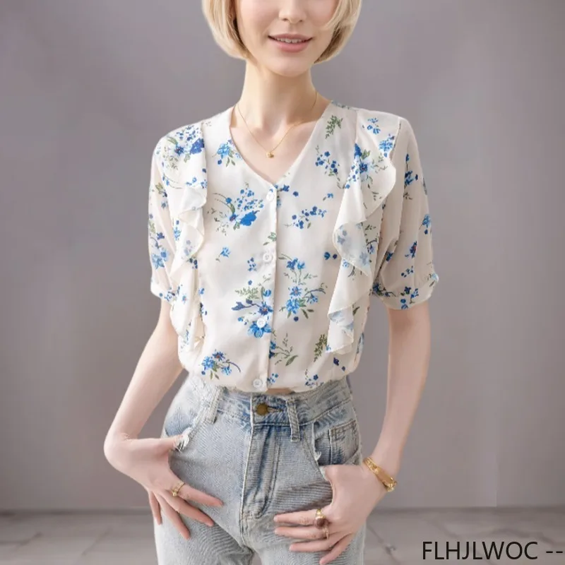 Ruffles Tops Blouses New Design 2025 Summer Fashion Women Office Lady Floral Print Button Chiffon Shirts
Ruffles Tops Blouses New Design 2025 Summer Fashion Women Office Lady Floral Print Button Chiffon Shirts