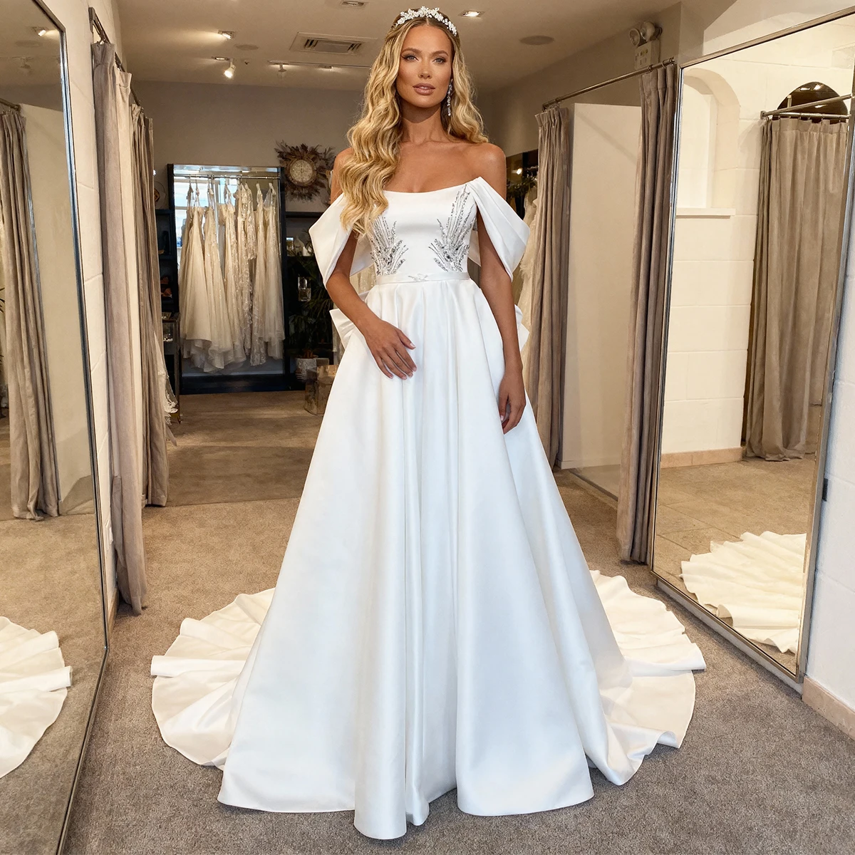 Romantic Satin Lace Wedding Dress With Bow Off Shoulder Ball Gown A Line Long Bridal Party Gown For Bride Vestidos Novia
Romantic Satin Lace Wedding Dress With Bow Off Shoulder Ball Gown A Line Long Bridal Party Gown For Bride Vestidos Novia