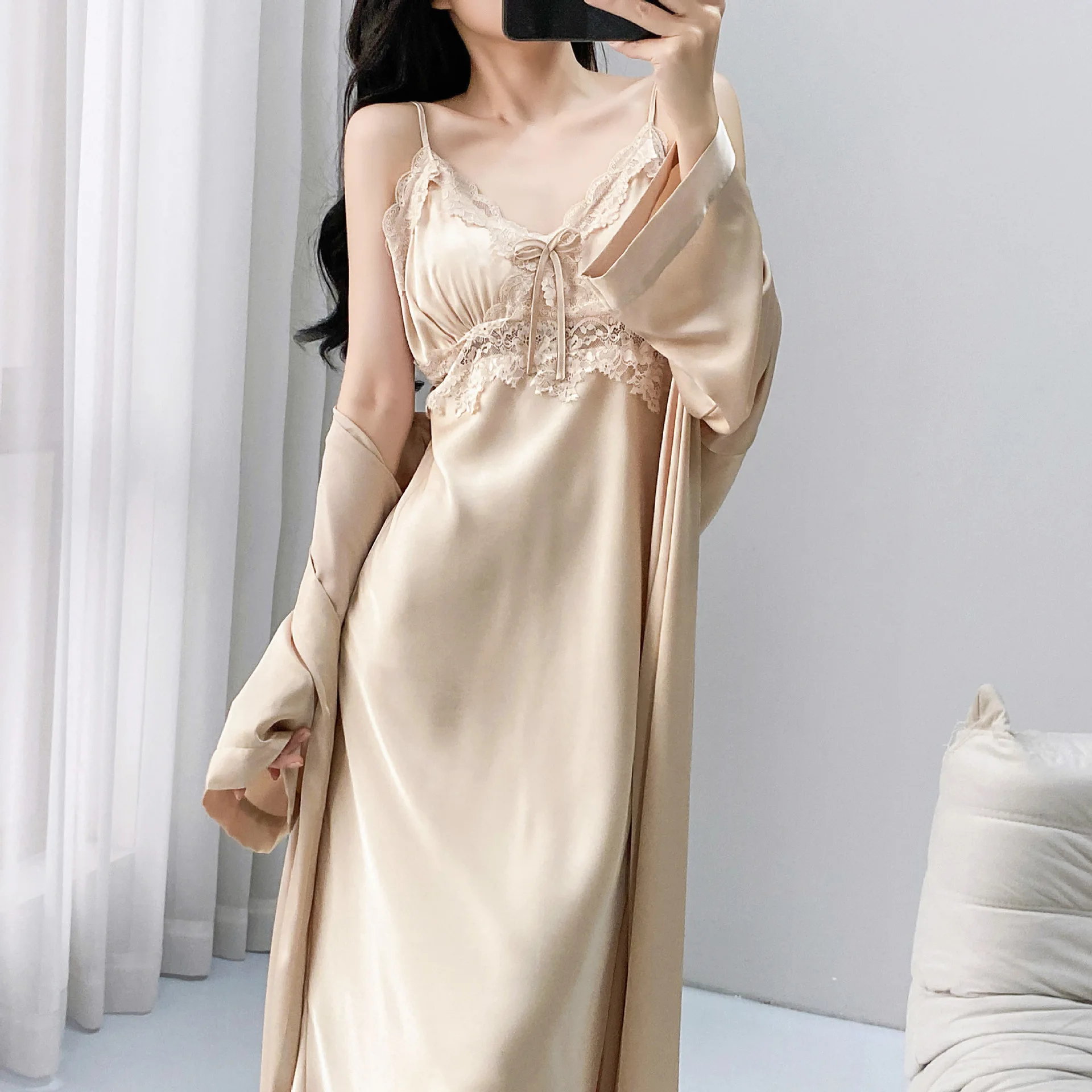 Elegant Female Long Robe Nightgown Set Sexy Hollow Out Lace Lingerie Suspender Nightdress Summer New Ice Silk Sleepwear Homewear
Elegant Female Long Robe Nightgown Set Sexy Hollow Out Lace Lingerie Suspender Nightdress Summer New Ice Silk Sleepwear Homewear
