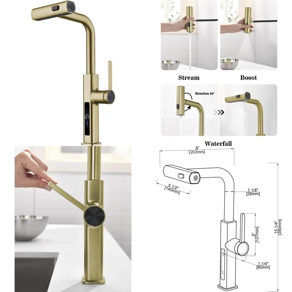 Pull-Out Waterfall Kitchen Faucet with Temperature Display, Dual Water Outlet Modes, Single Hole, Brushed Gold Finish, Long Tail
Pull-Out Waterfall Kitchen Faucet with Temperature Display, Dual Water Outlet Modes, Single Hole, Brushed Gold Finish, Long Tail