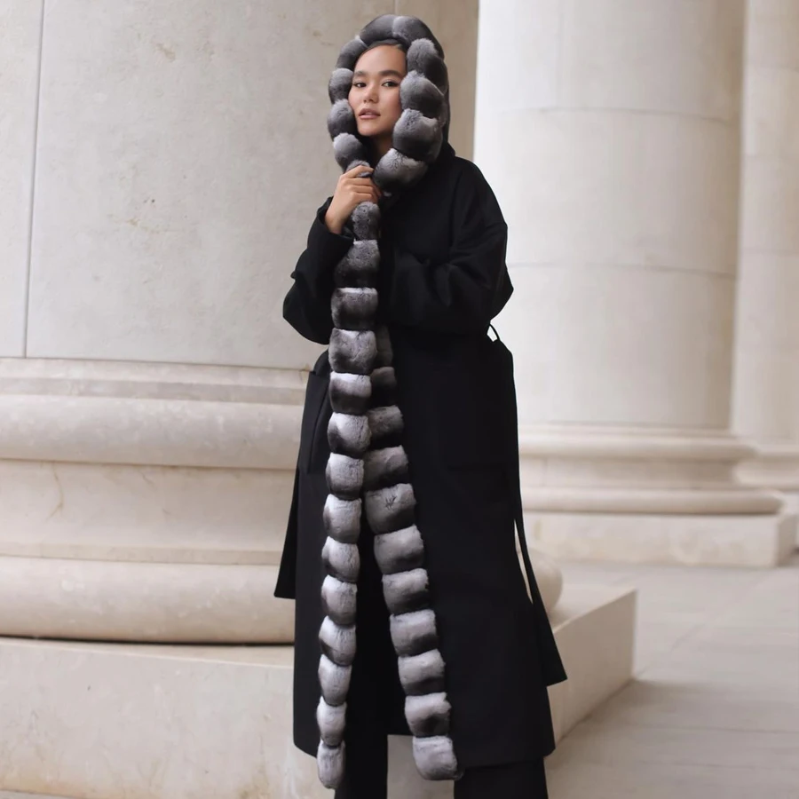 Women's Real Rabbit Fur Coats With Hooded Winter Wool Blends Long Jacket With Chinchilla Fur Collar Luxury Black Wool Coat
Women's Real Rabbit Fur Coats With Hooded Winter Wool Blends Long Jacket With Chinchilla Fur Collar Luxury Black Wool Coat