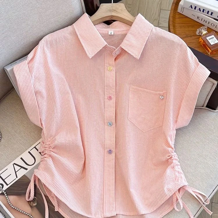 Button Short Sleeve Drawstring Top Women's Base Layer Shirt Summer Slimming Design Korean Style Casual Workwear
Button Short Sleeve Drawstring Top Women's Base Layer Shirt Summer Slimming Design Korean Style Casual Workwear