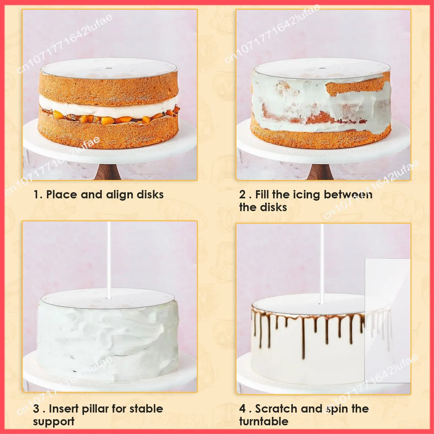 B52C Acrylic Round Cake Disk Set - Cake Discs Circle Base Boards With Center Hole - 2 Comb Scrapers (4 Patterns) & Dowel Rod
B52C Acrylic Round Cake Disk Set - Cake Discs Circle Base Boards With Center Hole - 2 Comb Scrapers (4 Patterns) & Dowel Rod
