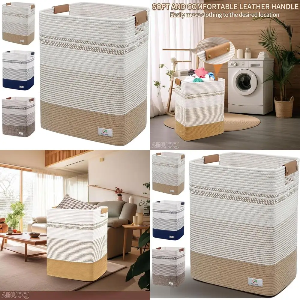 Большая плетеная корзина для белья из хлопкового каната с кожаными ручками, объемом 85 л, для хранения одеял и одежды, декоративная, из джута и белых материалов.
Большая плетеная корзина для белья из хлопкового каната с кожаными ручками, объемом 85 л, для хранения одеял и одежды, декоративная, из джута и белых материалов.