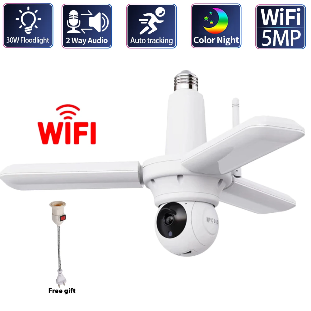 5MP E27 Bulb Security Cameras Wireless Indoor Home Wifi PTZ Surveillance Camera 2 Way Audio Color Night Vision Spotlight IP Cam
5MP E27 Bulb Security Cameras Wireless Indoor Home Wifi PTZ Surveillance Camera 2 Way Audio Color Night Vision Spotlight IP Cam