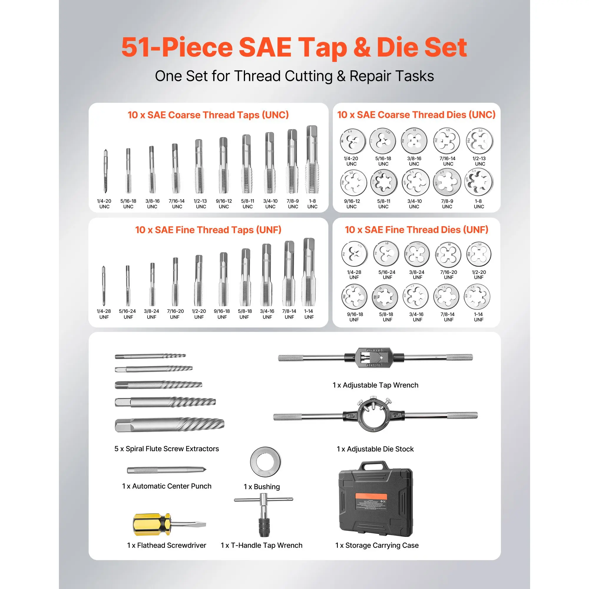 Tap and Die Set, 51-Piece SAE Sizes 1/4" to 1", with Coarse and Fine Thread Taps and Dies, Wrench, Carrying Case and Complete Accessories, Bearing Steel, for Threading and Rethreading Threads
Tap and Die Set, 51-Piece SAE Sizes 1/4" to 1", with Coarse and Fine Thread Taps and Dies, Wrench, Carrying Case and Complete Accessories, Bearing Steel, for Threading and Rethreading Threads