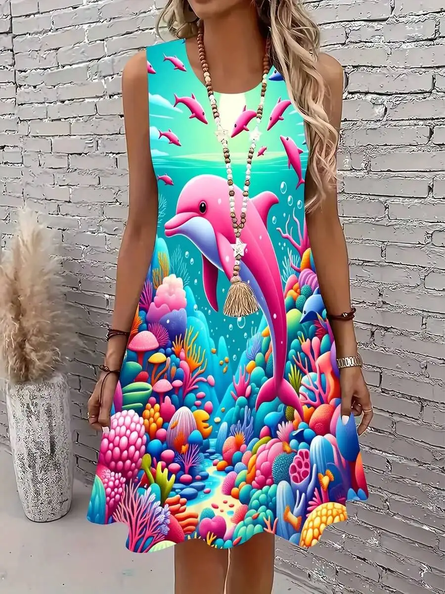 Sleeveless Summer Beach Dress For Women With Pink Dolphin And Coral Reef Print
Sleeveless Summer Beach Dress For Women With Pink Dolphin And Coral Reef Print