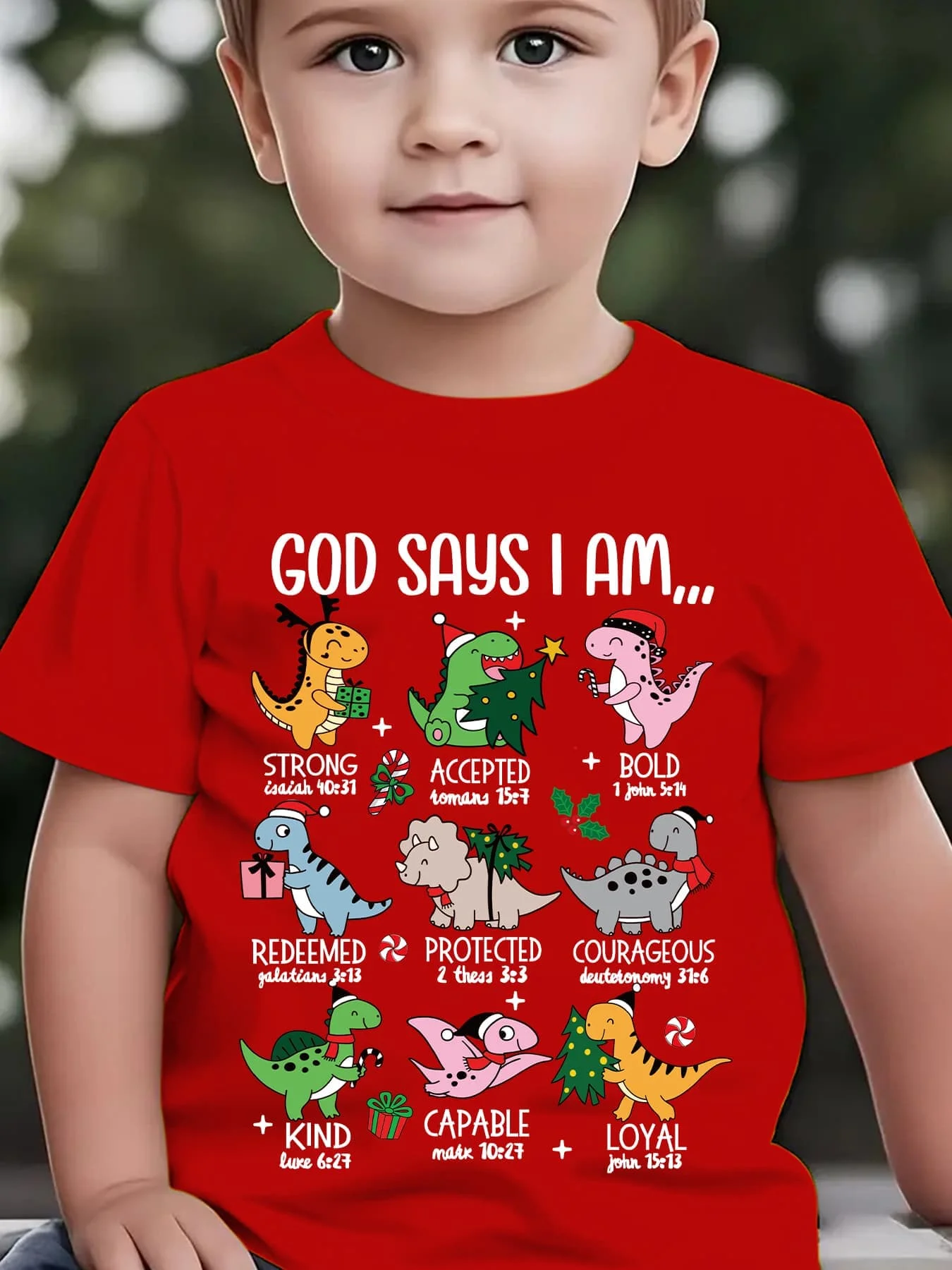 "God Says I Am Loved/Strong..." Dinosaur Verse T-Shirt Short Sleeve Cute Dinosaur Scripture Print Christmas Girl Boy Cotton Tops
"God Says I Am Loved/Strong..." Dinosaur Verse T-Shirt Short Sleeve Cute Dinosaur Scripture Print Christmas Girl Boy Cotton Tops