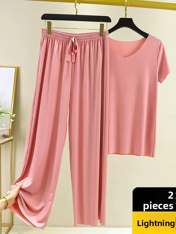 Ice Silk Sleepwear Women's Summer Two-Piece Set Loose Thin Short Sleeve round Neck T-Shirt Home Clothes Wide Leg Pants
Ice Silk Sleepwear Women's Summer Two-Piece Set Loose Thin Short Sleeve round Neck T-Shirt Home Clothes Wide Leg Pants