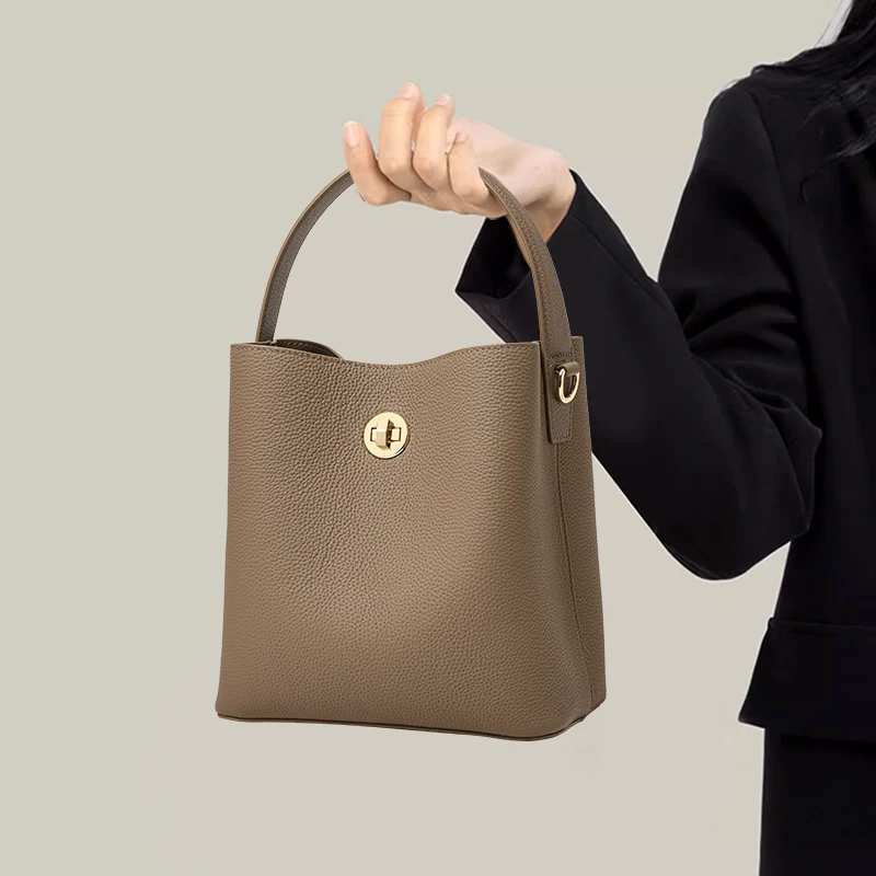 Genuine Cowhide Leather Women Bucket Bag, Top Handle Satchel, Dual Strap Crossbody Bag with Lock Clasp for Travel
Genuine Cowhide Leather Women Bucket Bag, Top Handle Satchel, Dual Strap Crossbody Bag with Lock Clasp for Travel