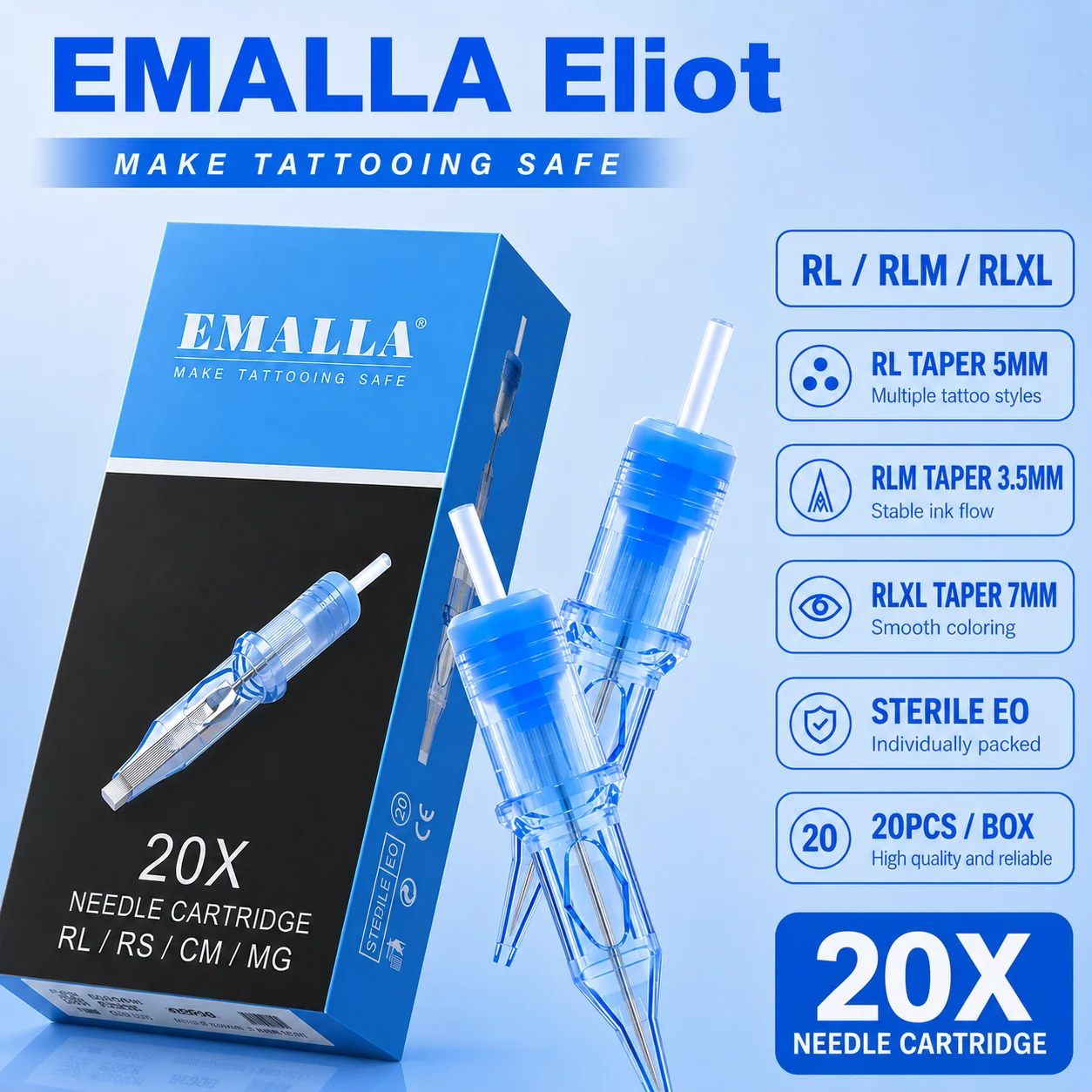 20pcs Emalla Eliot Tattoo Cartridge Needles RL Disposable Permanent Makeup Cartridge Needles 0.18/0.25/0.30/0.35 Tattoo Supplies
20pcs Emalla Eliot Tattoo Cartridge Needles RL Disposable Permanent Makeup Cartridge Needles 0.18/0.25/0.30/0.35 Tattoo Supplies