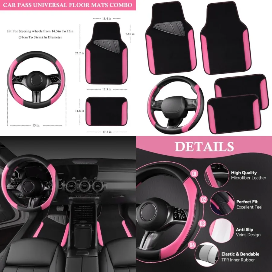 Faux Leather Steering Wheel Cover and Waterproof Car Floor Mats,Universal Car Combo Fit for 95% Sedan,SUV,Cars,14.5-15inch Sporty Anti-Slip Safety Comfortable Design(Black&Pink)
Faux Leather Steering Wheel Cover and Waterproof Car Floor Mats,Universal Car Combo Fit for 95% Sedan,SUV,Cars,14.5-15inch Sporty Anti-Slip Safety Comfortable Design(Black&Pink)