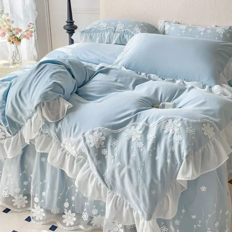 Blue Pink Yellow Gray Korean Princess Style Bedding Set Flowers Lace Embroidery Ruffles Duvet Cover Set Bed Skirt Pillowcase
Blue Pink Yellow Gray Korean Princess Style Bedding Set Flowers Lace Embroidery Ruffles Duvet Cover Set Bed Skirt Pillowcase