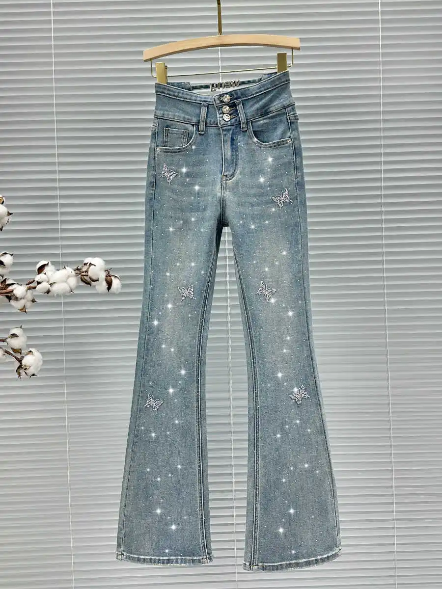 Spring Summer Butterfly Rhinestone Flared Jeans Women Fashion Retro High Waist Hollow Slim Fit Zipper Blue Denim Pants
Spring Summer Butterfly Rhinestone Flared Jeans Women Fashion Retro High Waist Hollow Slim Fit Zipper Blue Denim Pants