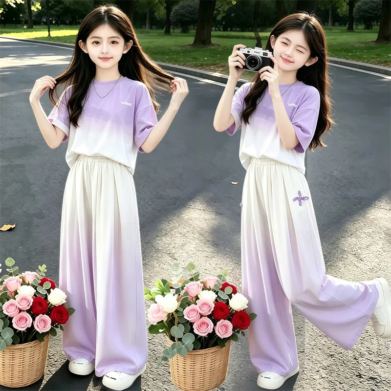 2026 Summer Girls Fashion Trendy Set Korean Style Gradient Purple Tshirt + Wide Leg Pants Loose Casual Outfits For Teenage Kids
2026 Summer Girls Fashion Trendy Set Korean Style Gradient Purple Tshirt + Wide Leg Pants Loose Casual Outfits For Teenage Kids