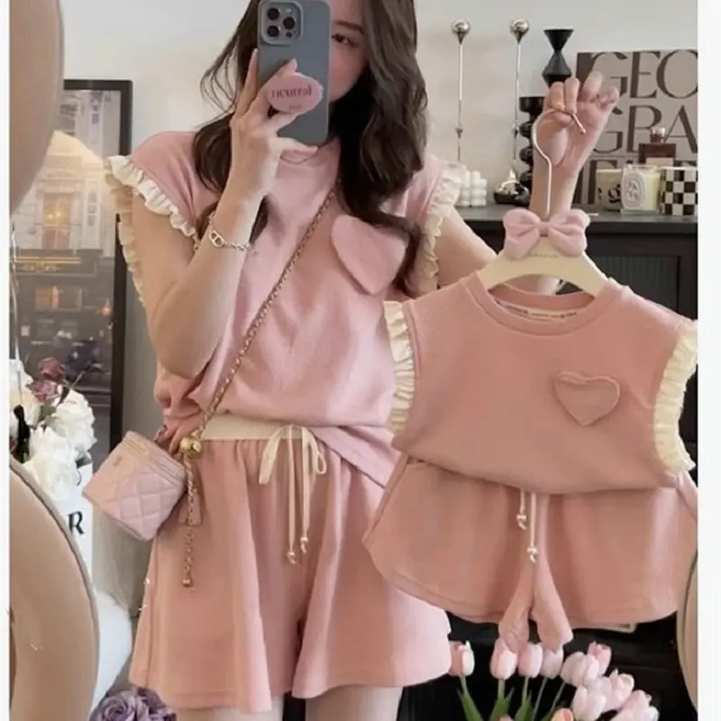 Parent-Child Mother-Daughter Matching Set 3D Heart Lace Trim Cuff Top and Shorts25Summer New Foreign Trade Children's Wear
Parent-Child Mother-Daughter Matching Set 3D Heart Lace Trim Cuff Top and Shorts25Summer New Foreign Trade Children's Wear