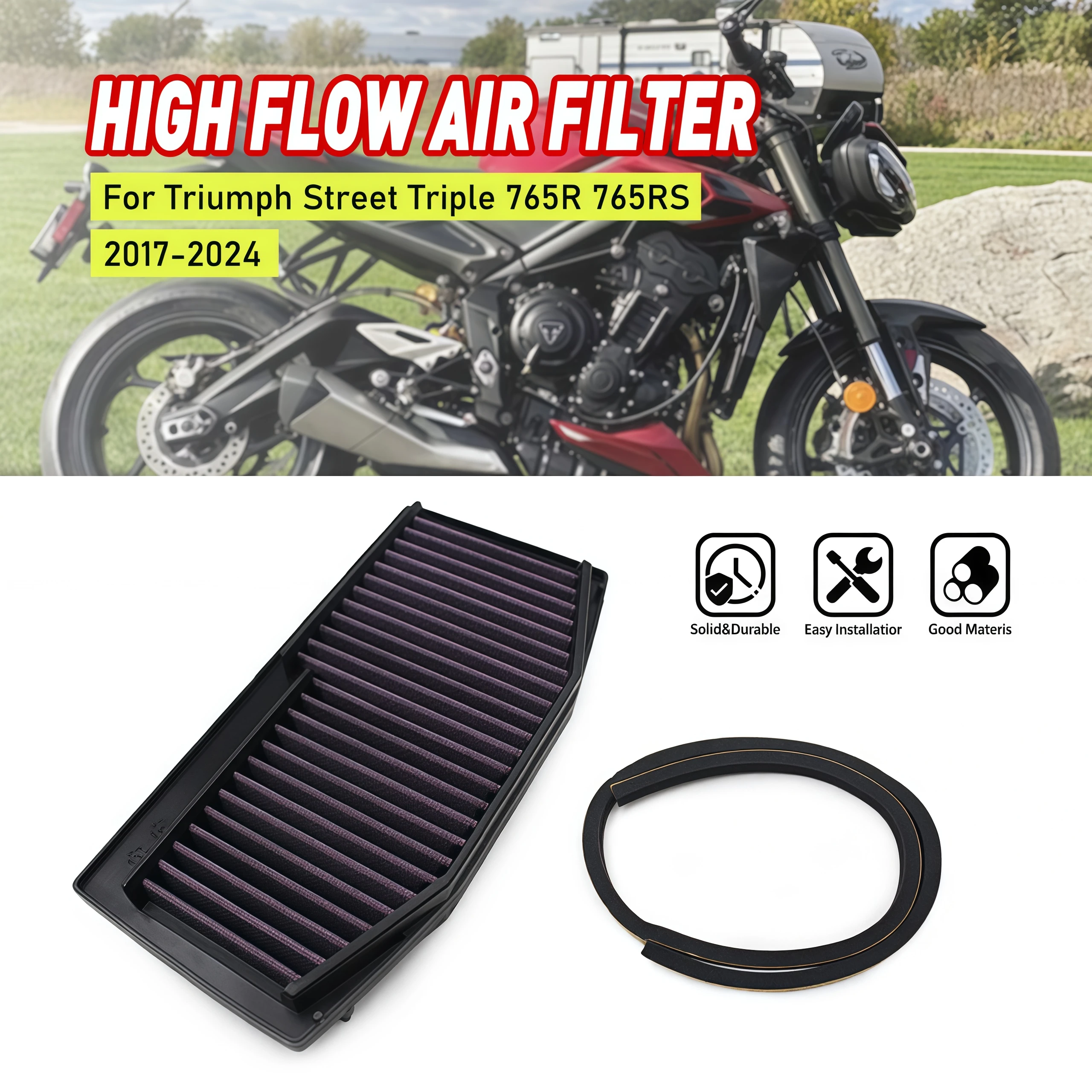 Motorcycle Engine Air Filter Cleaner High Flow Air Intake Filter Element For Triumph Street Triple 765RS 765R 660RS 2017-2024
Motorcycle Engine Air Filter Cleaner High Flow Air Intake Filter Element For Triumph Street Triple 765RS 765R 660RS 2017-2024