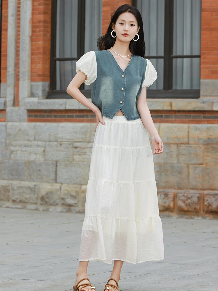 Memory's Start Set ort Sve Denim Bubble Sve Two-Piece Suit V-Ne Button-Up Faionable Summer Outfit for Women
Memory's Start Set ort Sve Denim Bubble Sve Two-Piece Suit V-Ne Button-Up Faionable Summer Outfit for Women