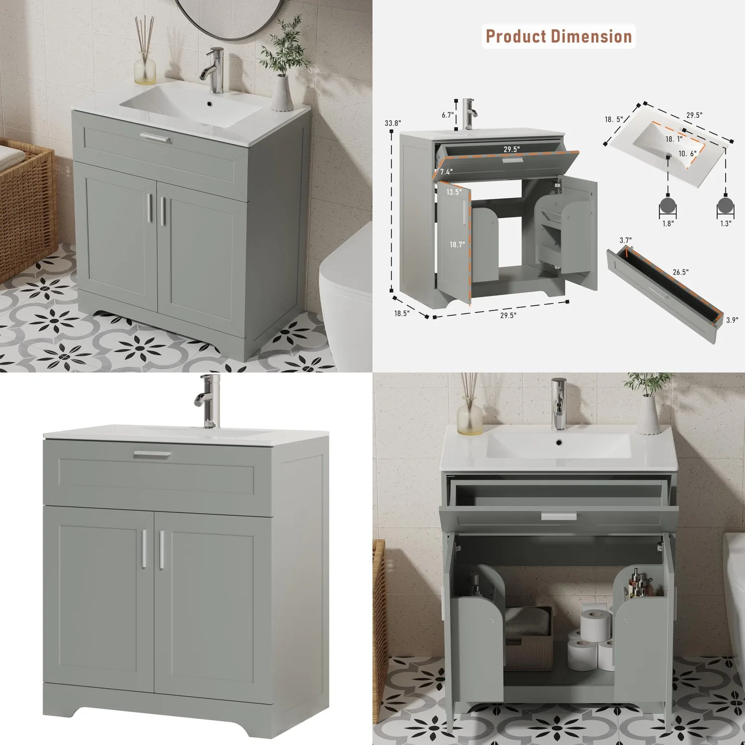 30" Freestanding Bathroom Vanity with Sink, Under-Cabinet Storage, 2 Doors & 1 Drawer, Grey, Customized
30" Freestanding Bathroom Vanity with Sink, Under-Cabinet Storage, 2 Doors & 1 Drawer, Grey, Customized