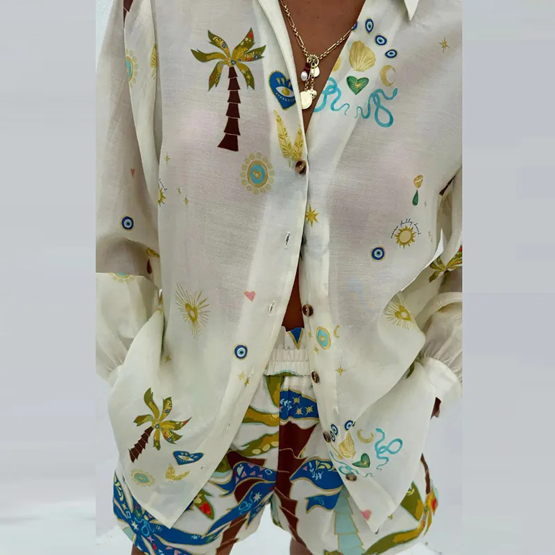 Summer Vacation Long Sleeved Loose Suit Fashion Leaf Print Button Pocket Outfits Female Casual Lapel Shirt and Shorts Beach Set
Summer Vacation Long Sleeved Loose Suit Fashion Leaf Print Button Pocket Outfits Female Casual Lapel Shirt and Shorts Beach Set