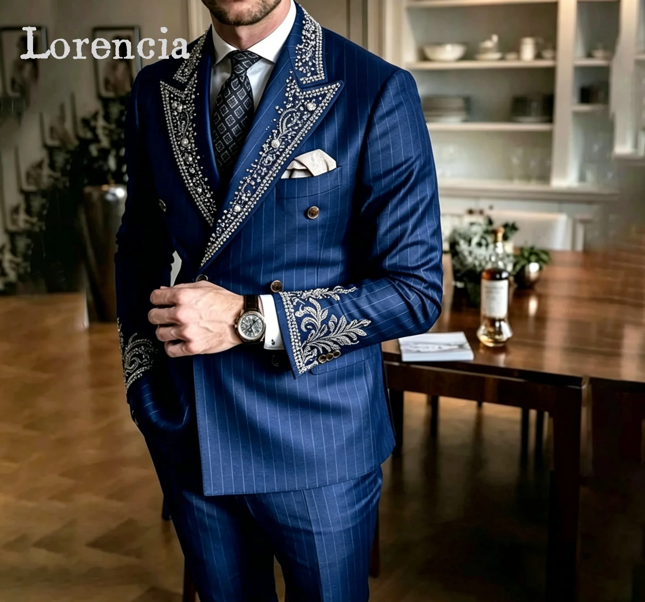 Rhinestone Men's Business 2 Pieces Suits Regular Length Double Breasted Peak Lapel Tuxedos Stripe Jacket Pants Customized homem
Rhinestone Men's Business 2 Pieces Suits Regular Length Double Breasted Peak Lapel Tuxedos Stripe Jacket Pants Customized homem