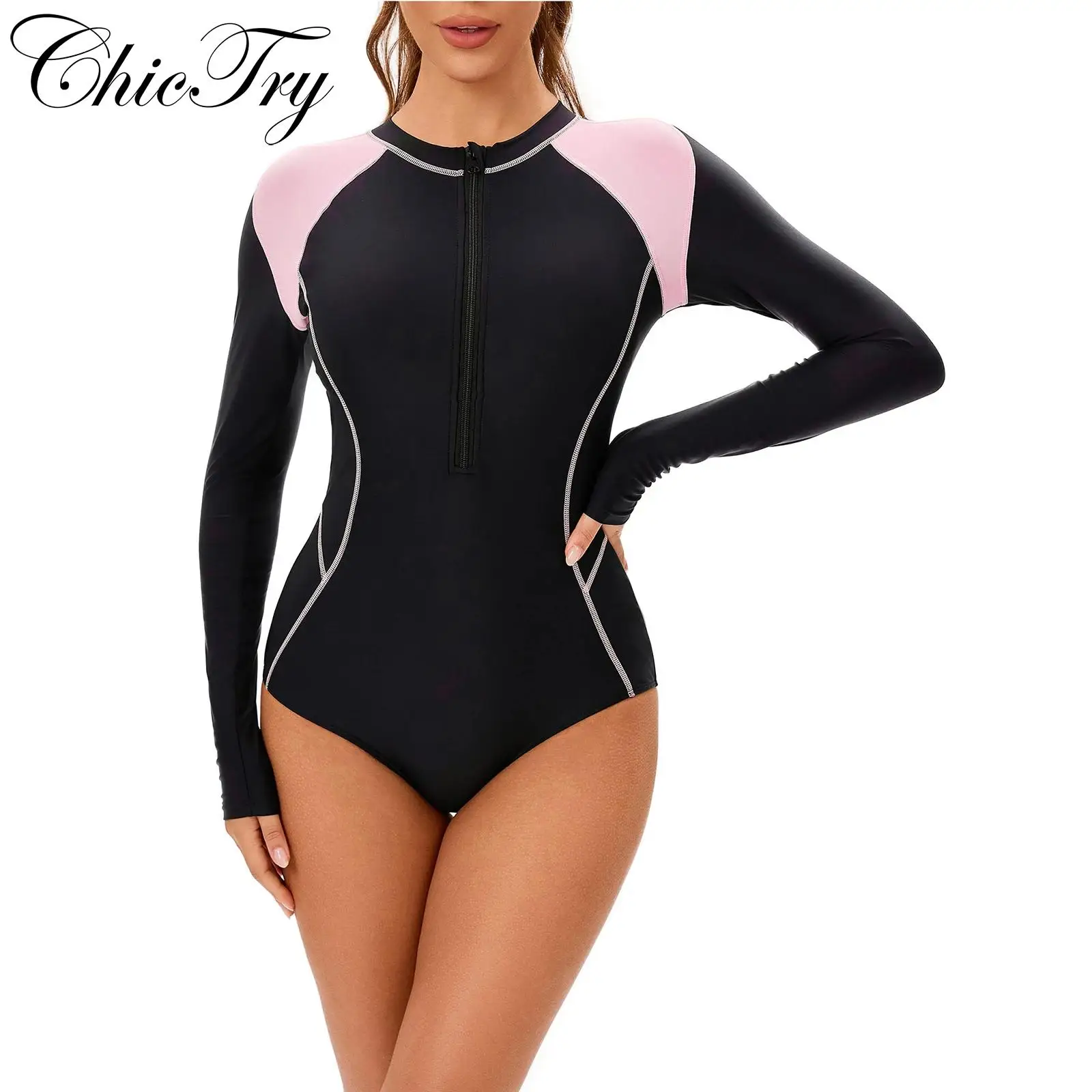 Womens Color Block One-Piece Rash Guard Swimsuit Sun Protection Surfing Swimwear Long Sleeve Leotard with Removable Chest Pads
Womens Color Block One-Piece Rash Guard Swimsuit Sun Protection Surfing Swimwear Long Sleeve Leotard with Removable Chest Pads